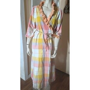 April Cornell Print Dress Small Cottagecore Beautiful Plaid Wrap Dress Lace Trim